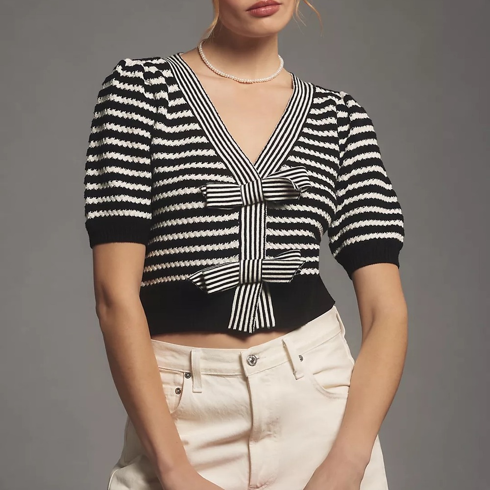 Anthropologie Maeve Short-Sleeve Striped Bow Cardigan Sweater size S